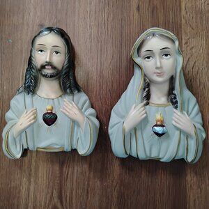 Vintage Ucagco Japan Chalk Ware Virgin Mary Jesus Sacred Heart Wall Hanging 7"